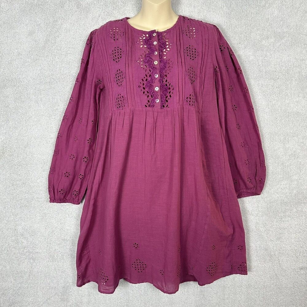 Sundance Chantae Eyelet Dress Pintuck Long Sleeve Buttons Womens XS Pink NWT